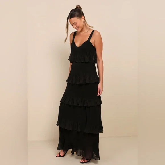 LULU’S Elegant Nature Black Pleated Sleeveless Tiered Maxi Dress - Picture 5 of 6